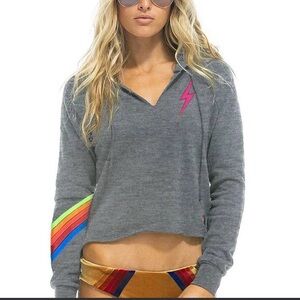 Aviator Nation Gray Hoodie with Rainbow and Pink Lightning